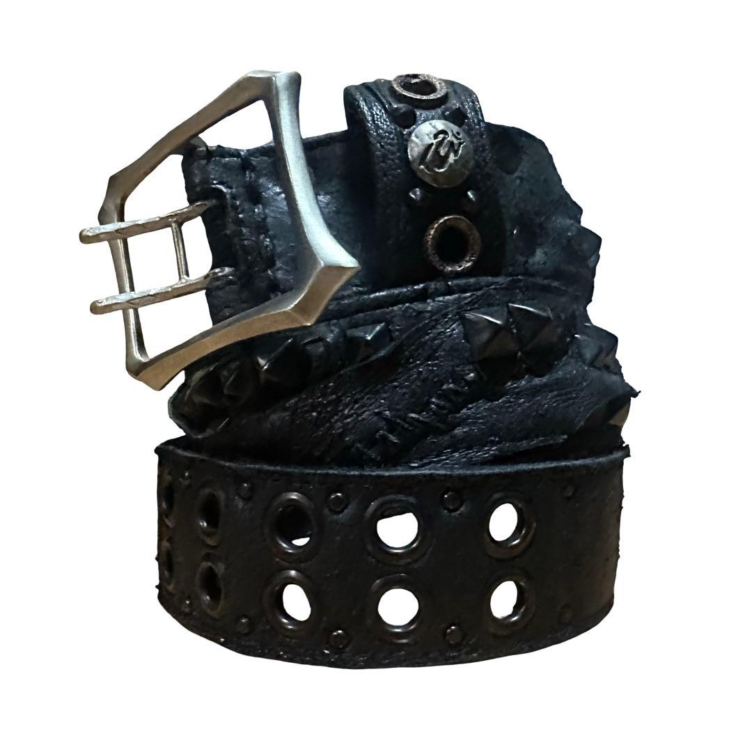 Kmrii ピラミッド スタッズ デストロイ レザー ベルト イタリアンレザー ベルト メンズ 本革 帯のみ バックル交換 40mm 交換