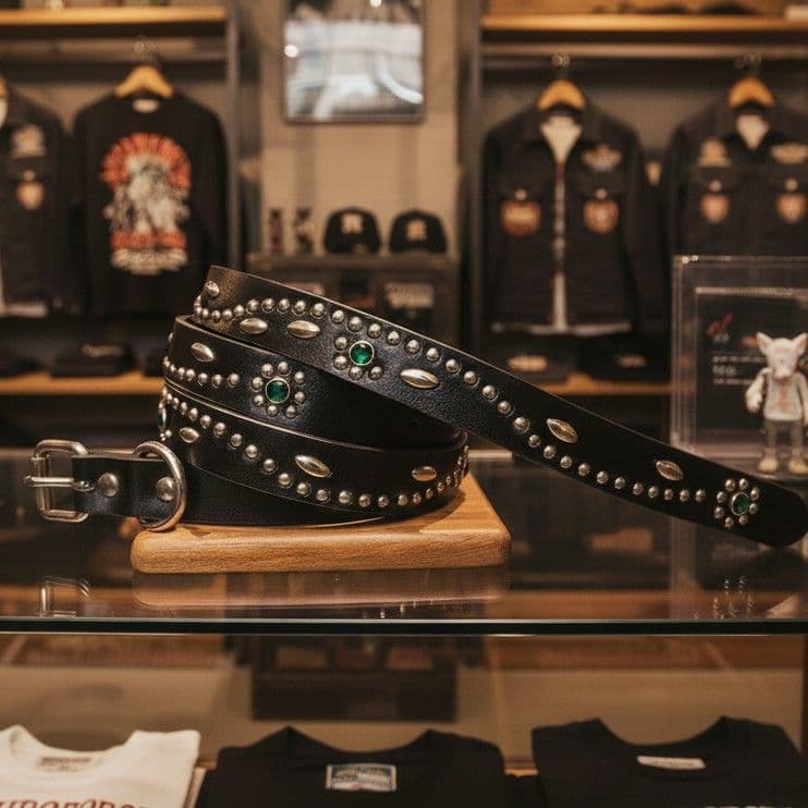 フラワー緑■本革レザーフルスタッズナローベルト☆グリーンエメラルドシルバー フルスタッズロングナローベルト | ezulakeworks